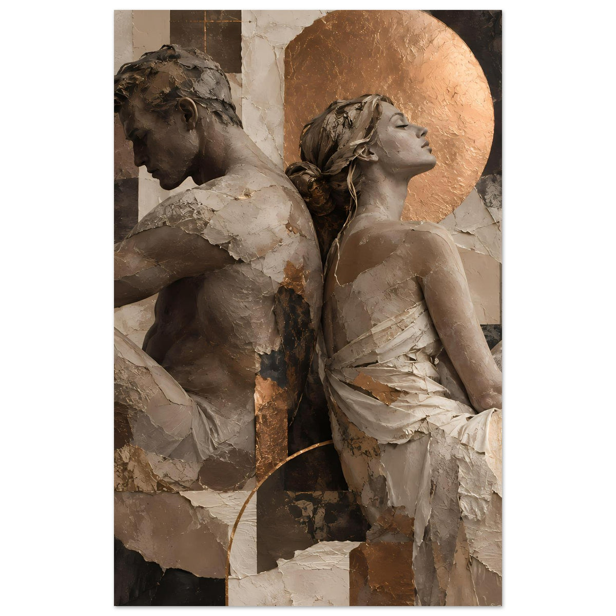 Vertikales Kunstposter mit zwei sitzenden Figuren, Reliefoptik in Beige, Braun und Gold