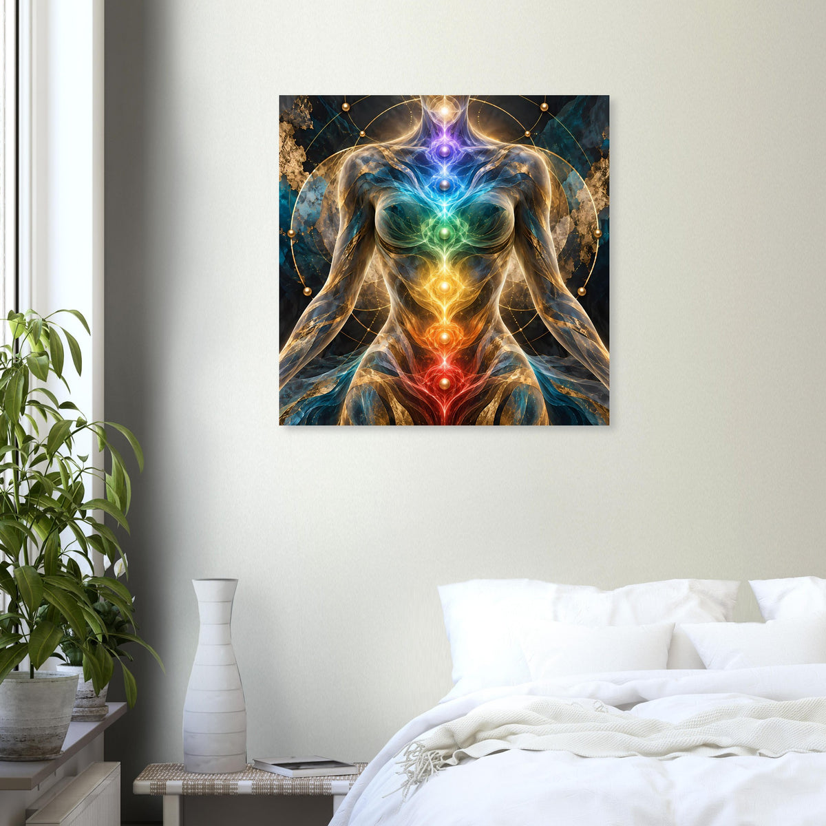Poster mit energetischer menschlicher Silhouette und strahlenden Chakren