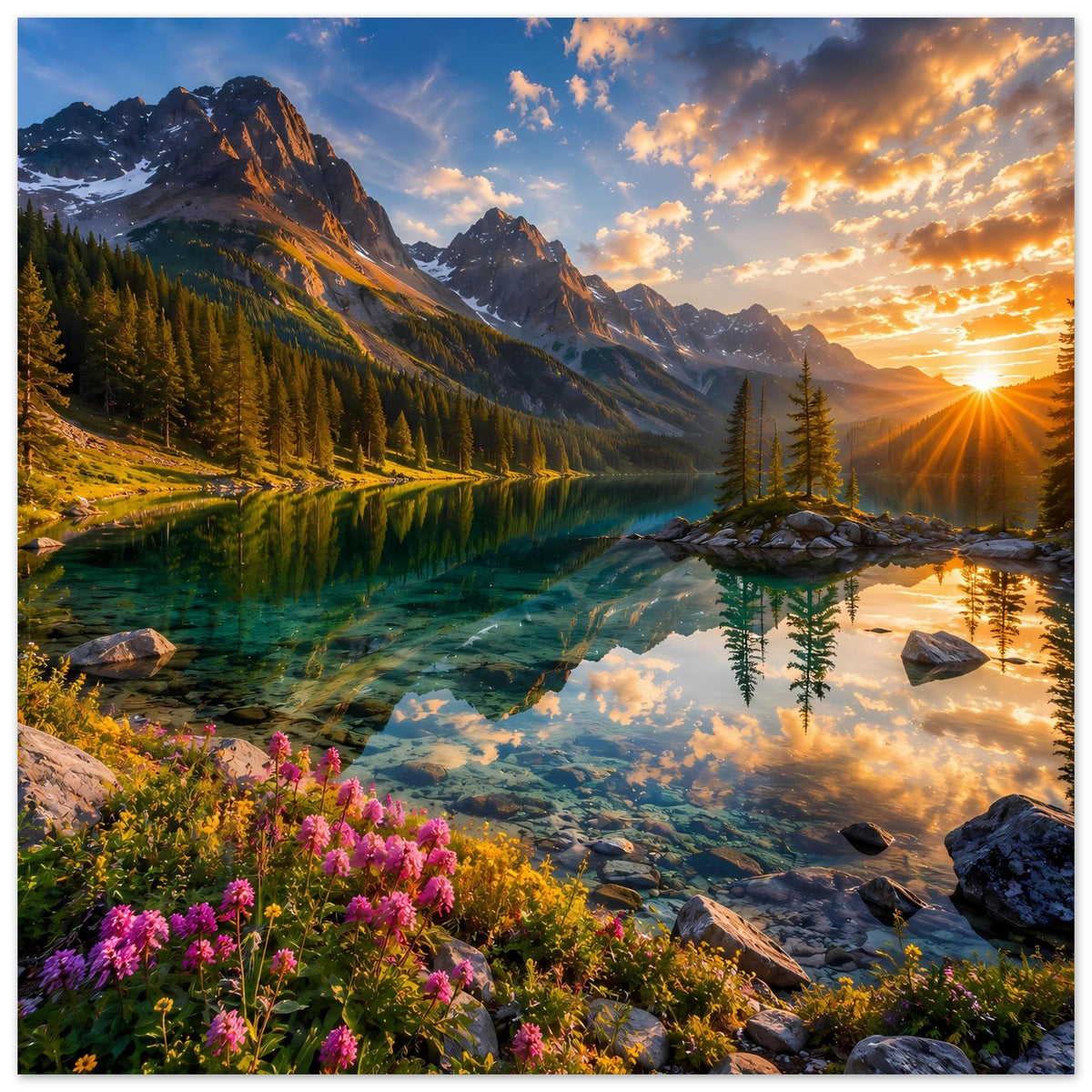 Kunstdruckposter: Sonnenaufgang in den Bergen mit Fluss, Spiegelung, Nadelbäumen und Felsen