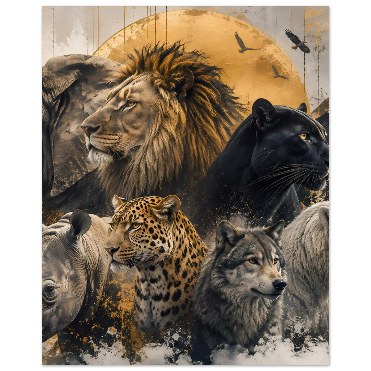 Wildtier-Poster mit Löwe, Panther, Leopard und Wölfen; zusätzlich Elefant vorn links