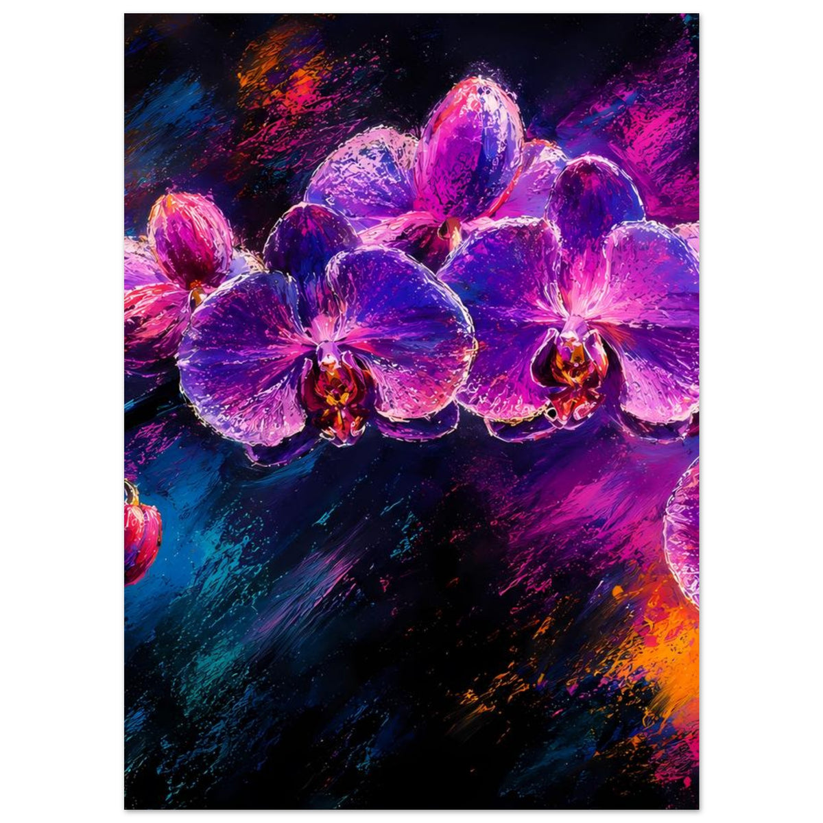Blumenposter mit violetten Orchideenblüten und magentafarbenen Farbspritzern