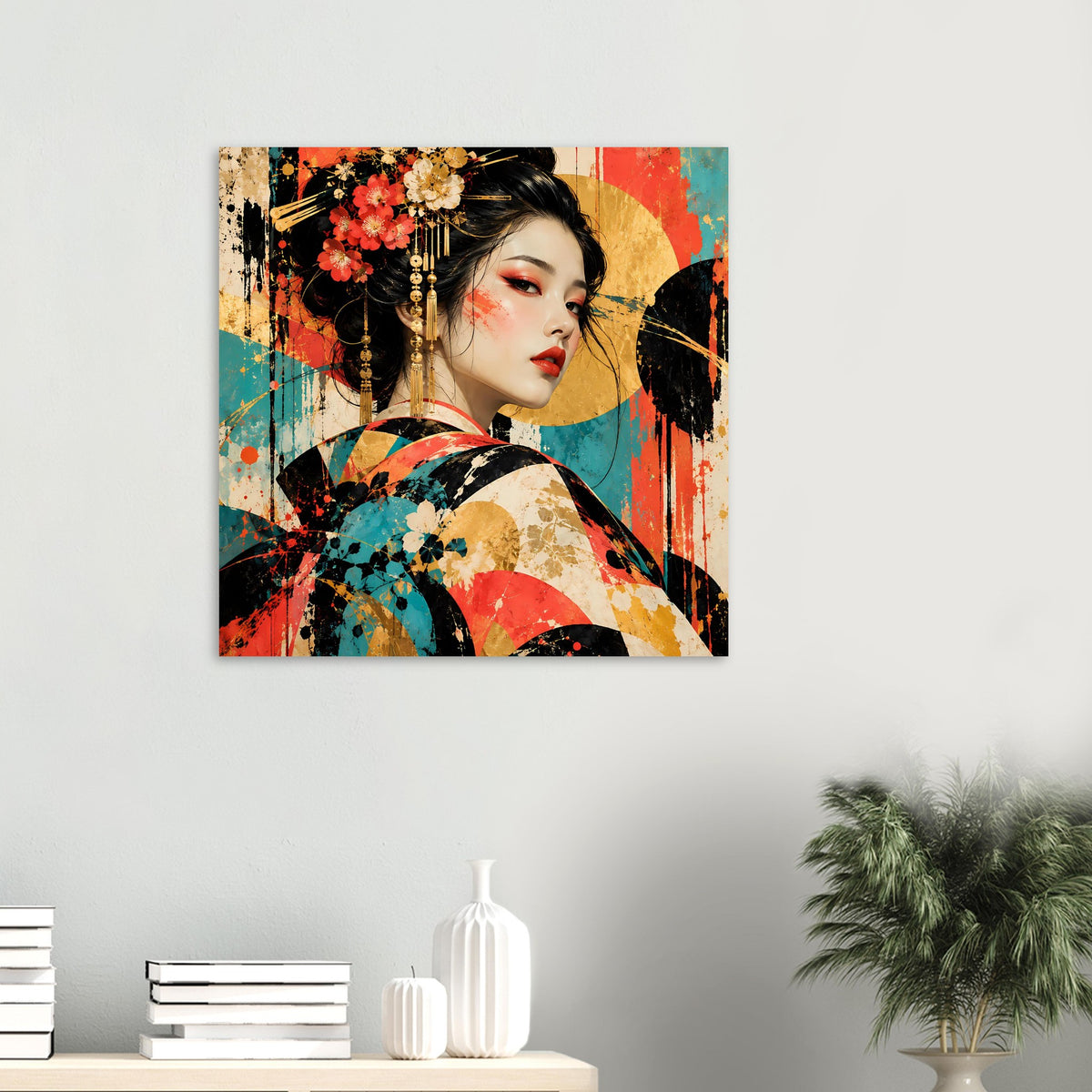 Kunstposter mit Geisha-Porträt, bunten Farbspritzern und floralen Details
