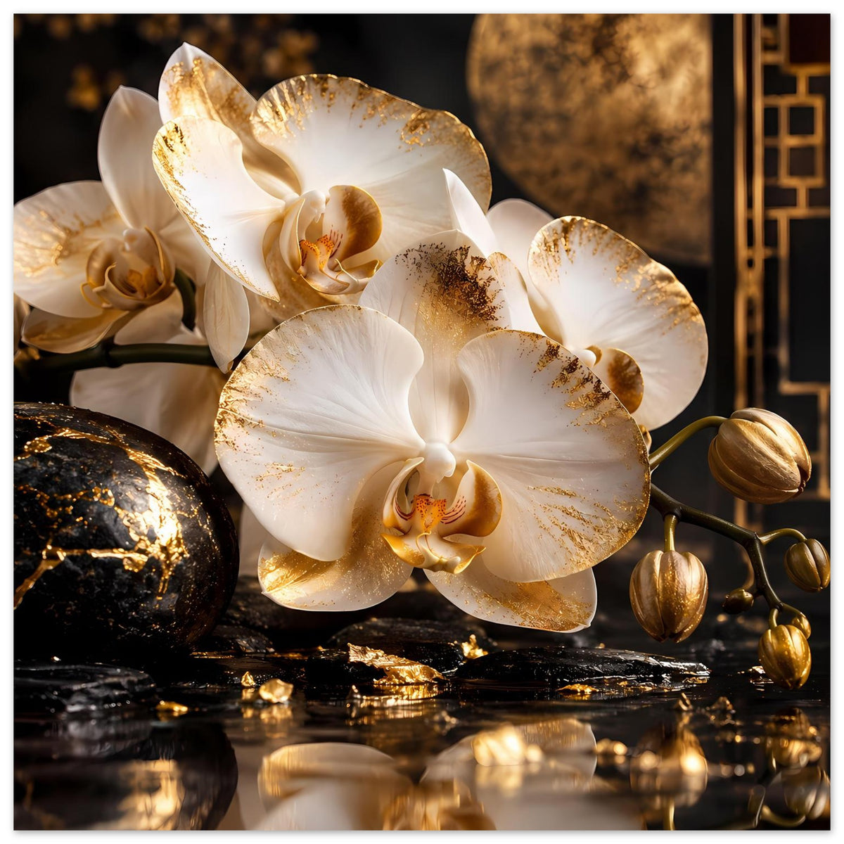 Quadratisches Orchideenposter mit weißen Blüten, goldenen Akzenten und dekorativen Kugeln