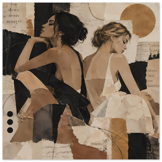 Collage-Poster mit zwei Frauenfiguren, dunkles und beiges Outfit, warmen Erdtönen, frontal