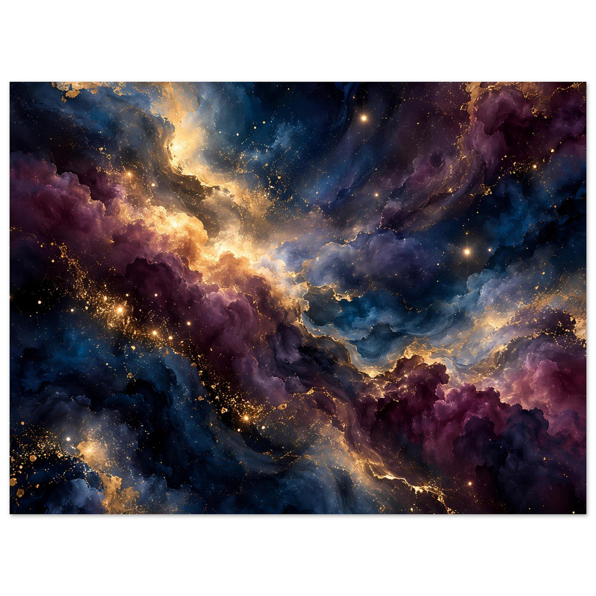 Wandposter im Querformat mit violettem und blauem Weltraumnebel sowie goldener Spur