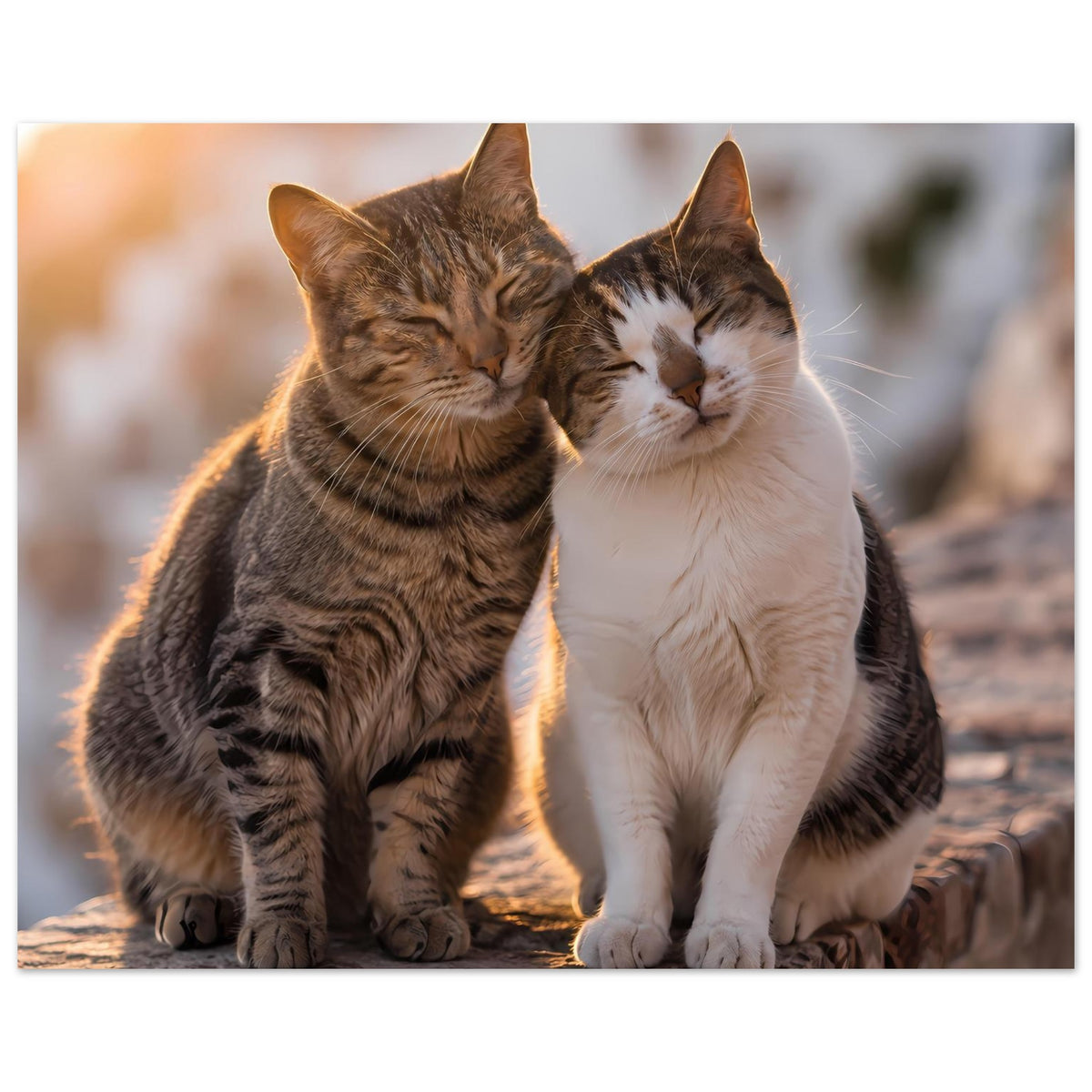 Poster mit zwei Katzenpaaren: braun getigert und weiß, eng umschlungen auf Stein