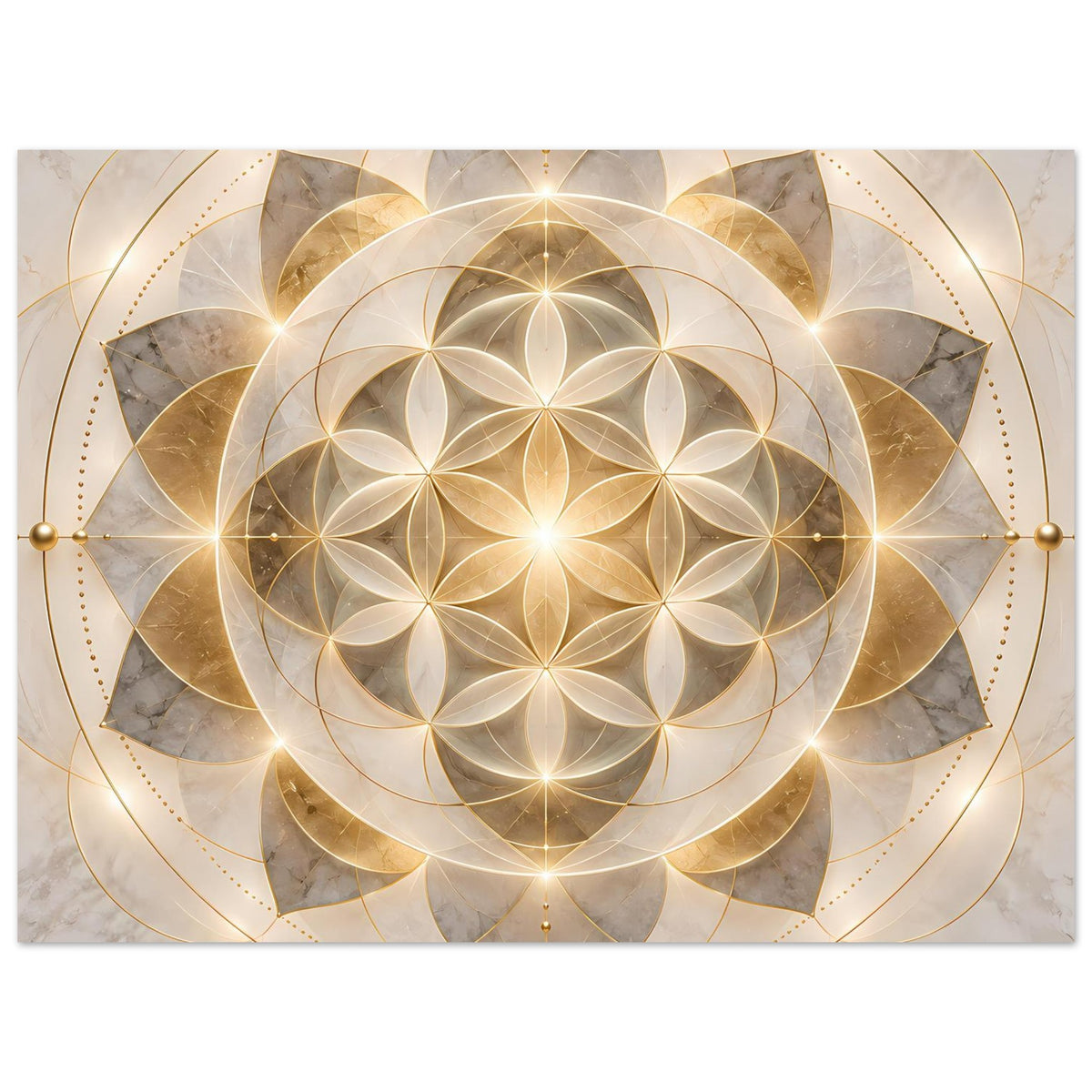 Horizontales Poster mit goldenem Mandala-Kreis, Kreisblüten und Ornamentlinien