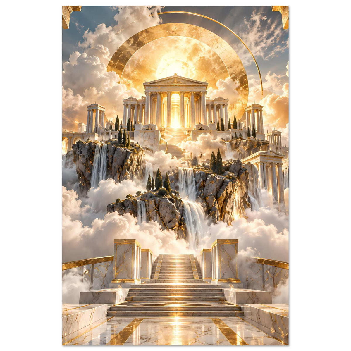 Hochformat-Poster mit antikem Tempel, goldenem Lichtbogen, Wasserfällen und Treppenanlage