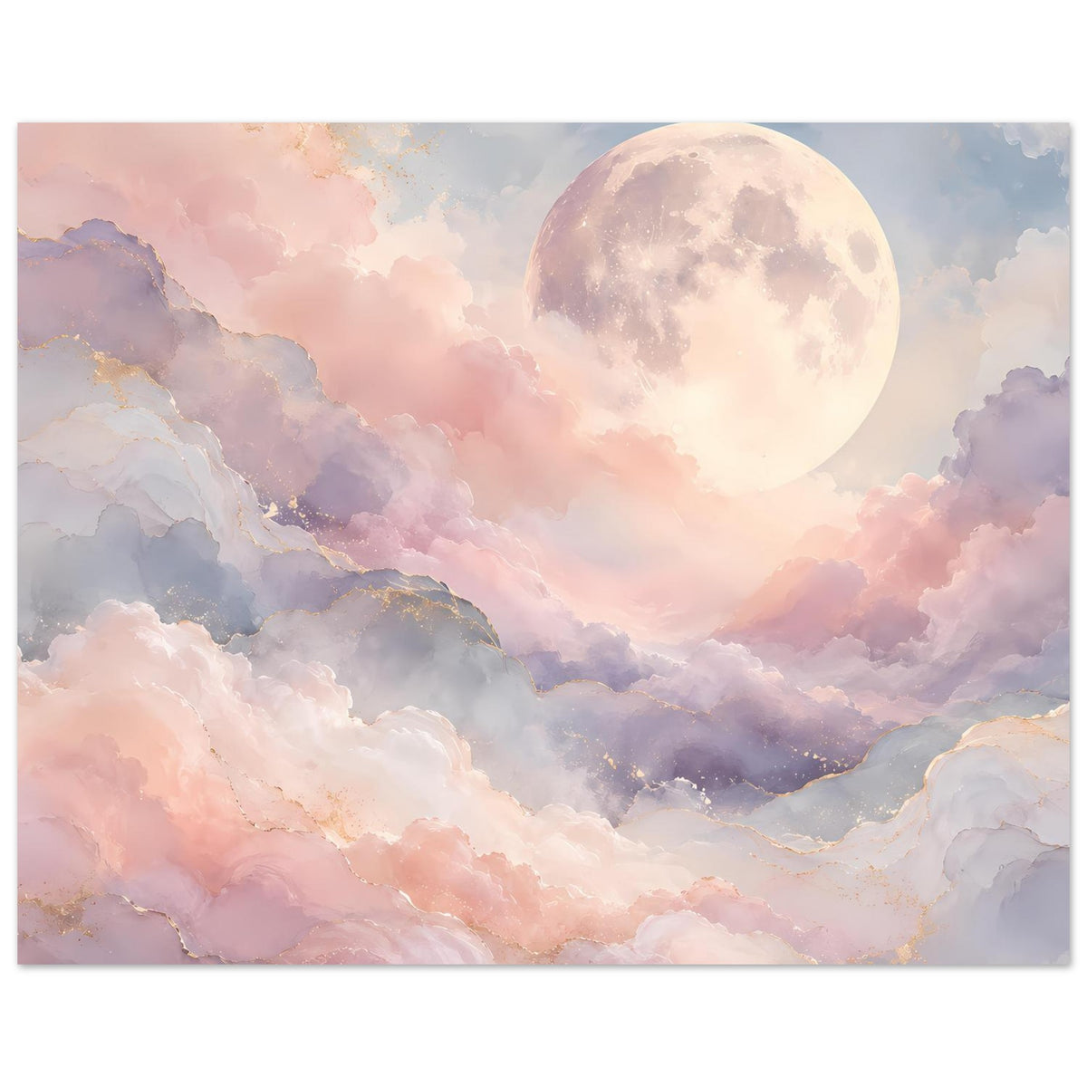 Wandposter: Pastellmond über Wolken mit goldenen Akzenten und weichen Farbverläufen
