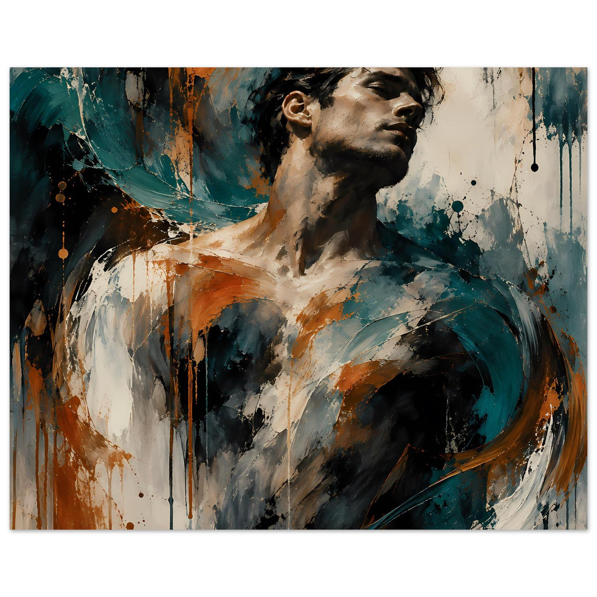 Kunstposter: expressionistisches Porträt eines Mannes mit Rostorange- und Petrol-Akzenten