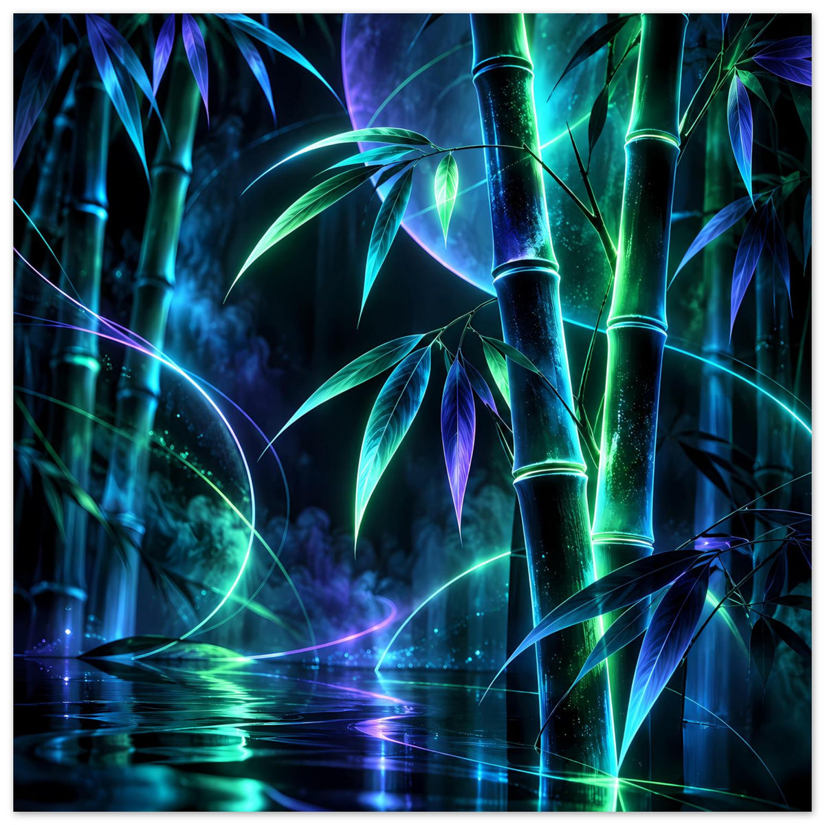 Leuchtendes Neon-Bambusposter: leuchtende Bambusstämme in Grün und Blau mit violetten Lichtspuren.