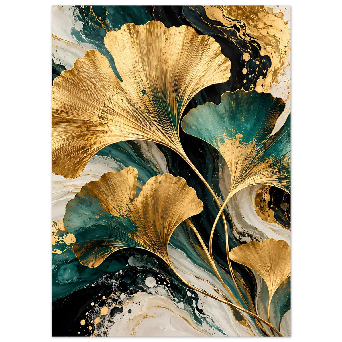 Naturposter mit goldenen Ginkgo-Blättern, türkisgrünen Texturen und dunklen Akzenten
