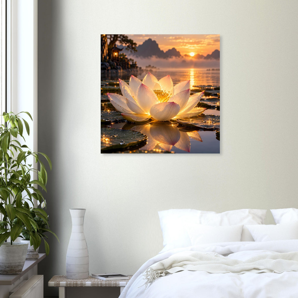 Quadratisches Poster: leuchtende weiße Lotusblüte am Sonnenuntergang am Strand