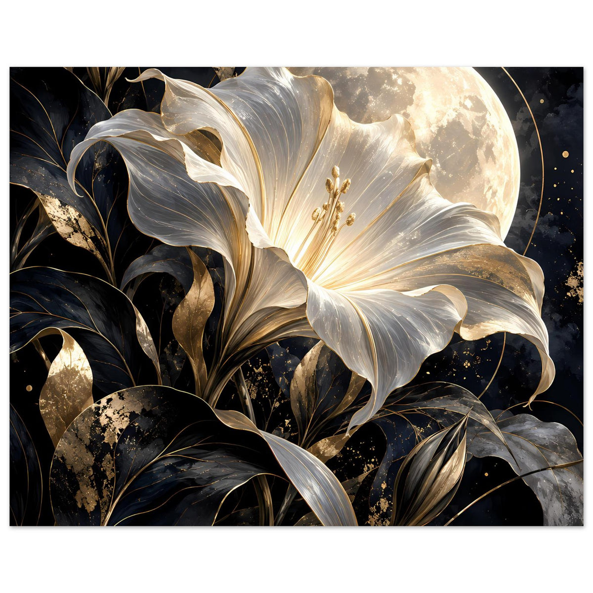 Poster mit weiß-goldener Blüte, leuchtendem Mond im Hintergrund und dunklen Pflanzen