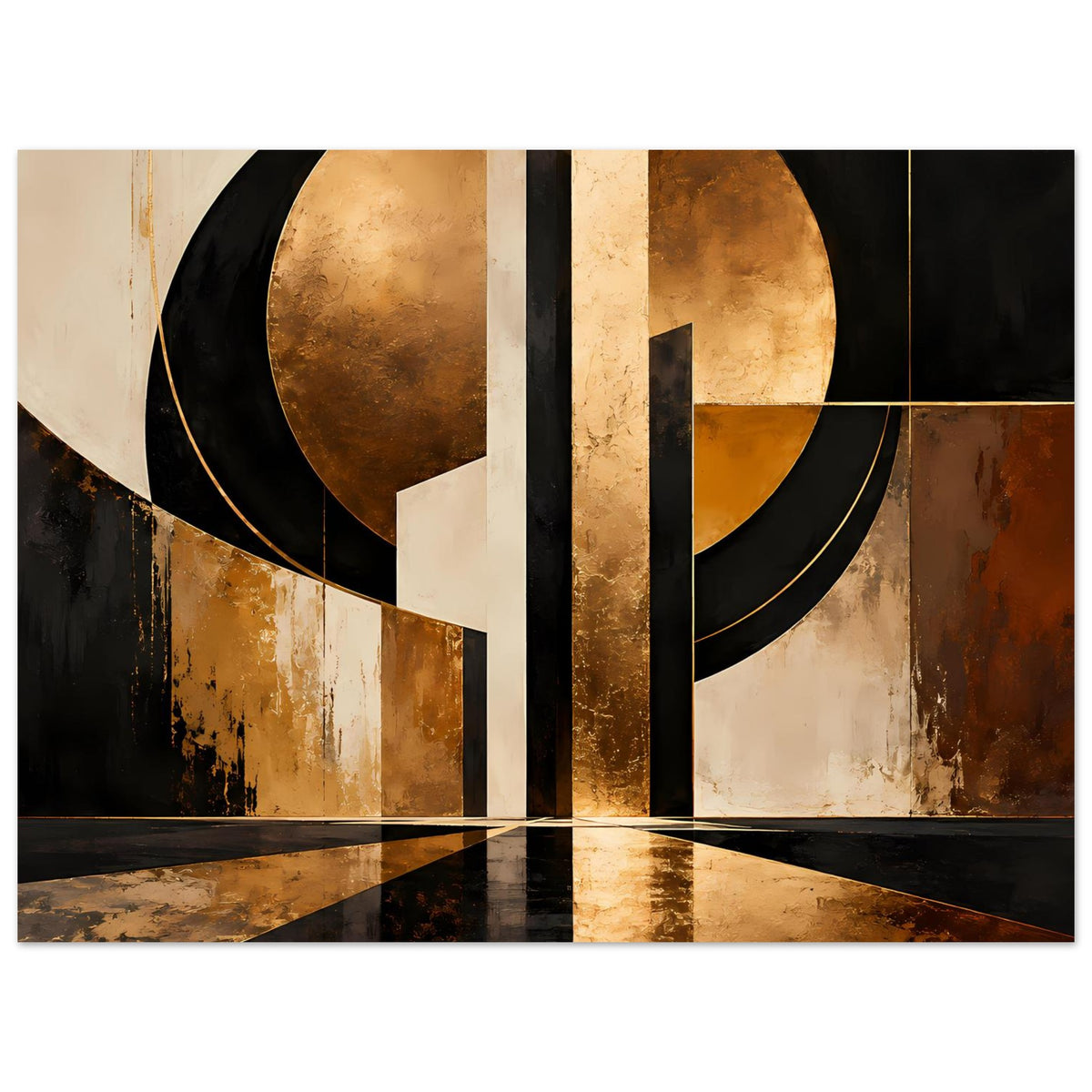 Abstraktes Art-Poster Gold und Schwarz, horizontale Komposition mit großen Kreisformen
