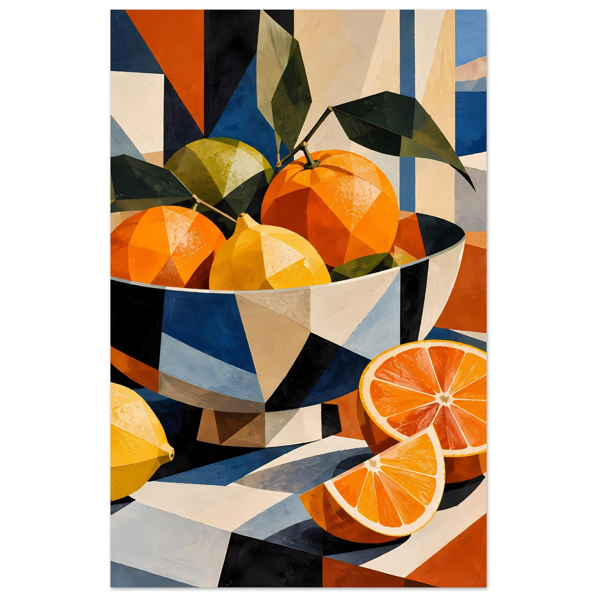 Poster-Zitrusstillleben: schwarze Schale mit Orangen und Zitronen, dazu Orangenscheiben rechts.
