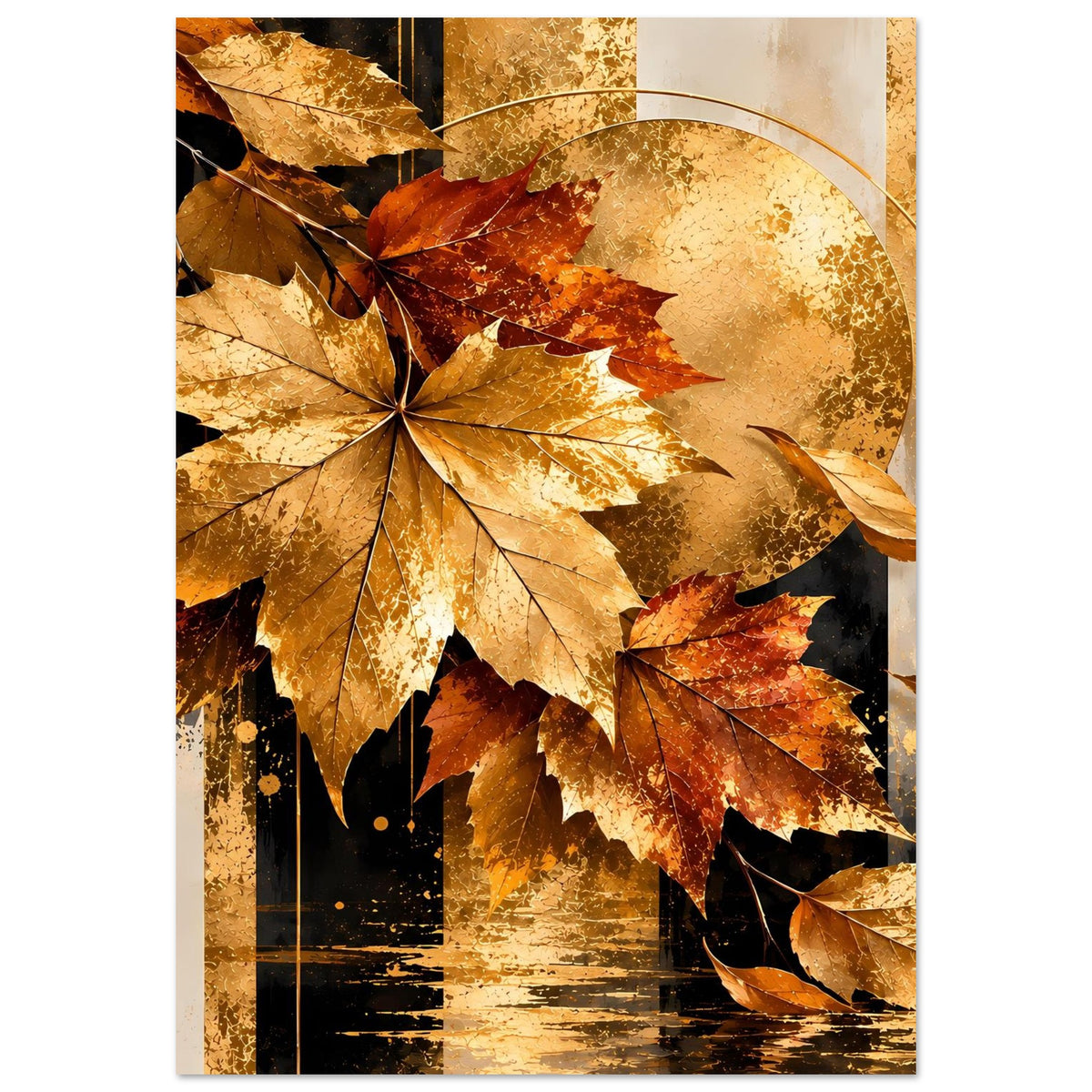 Herbstposter im Hochformat mit goldenen Ahornblättern und abstrakter Herbstsonne