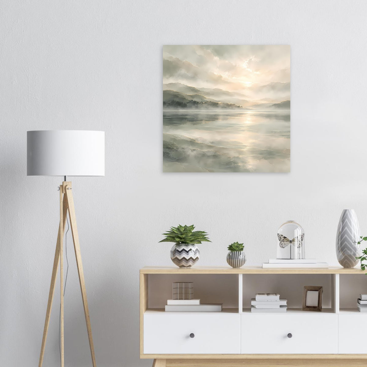 Quadratisches Poster mit See-, Berg- und Sonnenuntergangsreflexen in Pastelltönen