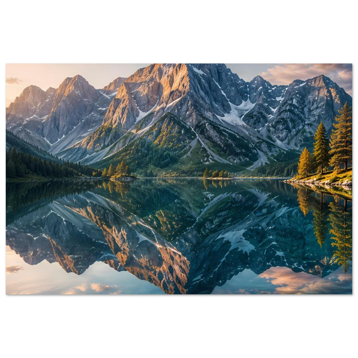 Poster mit Bergmassiv und reflektierendem See, Türkisblaues Wasser, Nadelwald