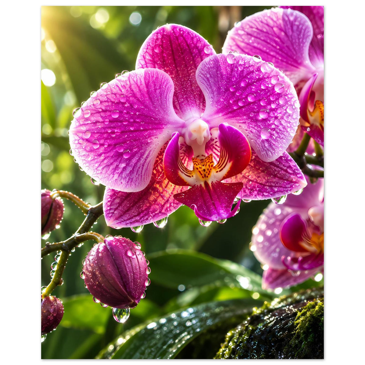 Poster mit lila Orchideenblüte, glitzernde Wassertropfen auf Blättern und Knospen