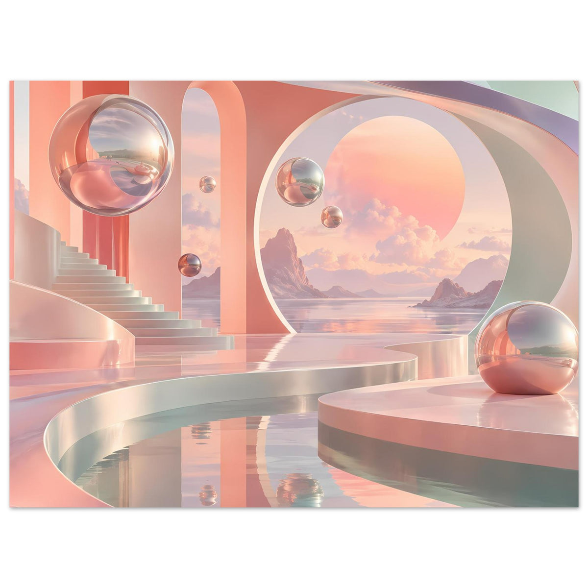 Querformat-Poster mit Pastell-Landschaft, geschwungenen Terrassen, Spiegelungen im Wasser und Glaskugeln