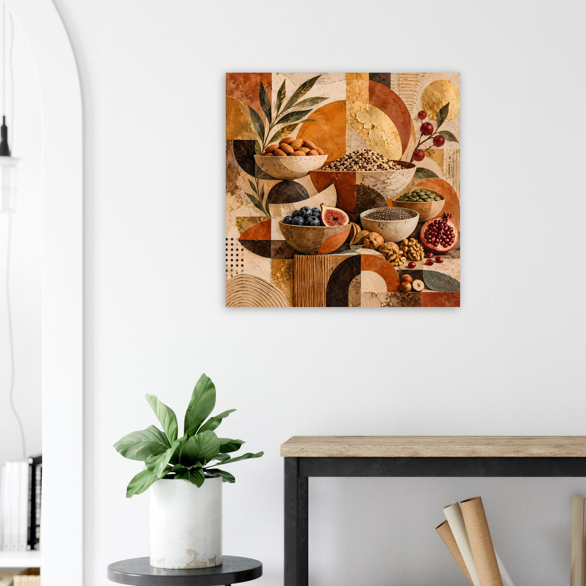 Poster mit Schalen, Körnern und Blättern als Collage in warmen Braun- und Ockertönen