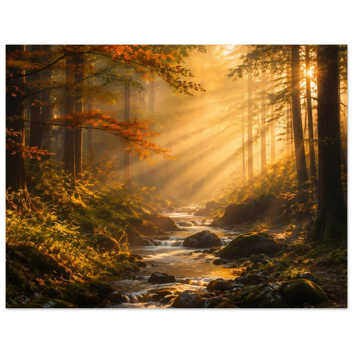 Poster im Querformat mit Sonnenaufgang, Bach über Steine im Wald
