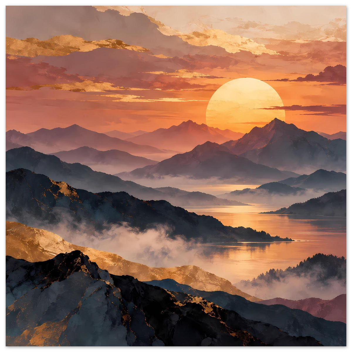 Horizontales Wandposter mit Sonnenuntergang über Bergen, großer gelber Sonne und Dampf/Nebel im Tal