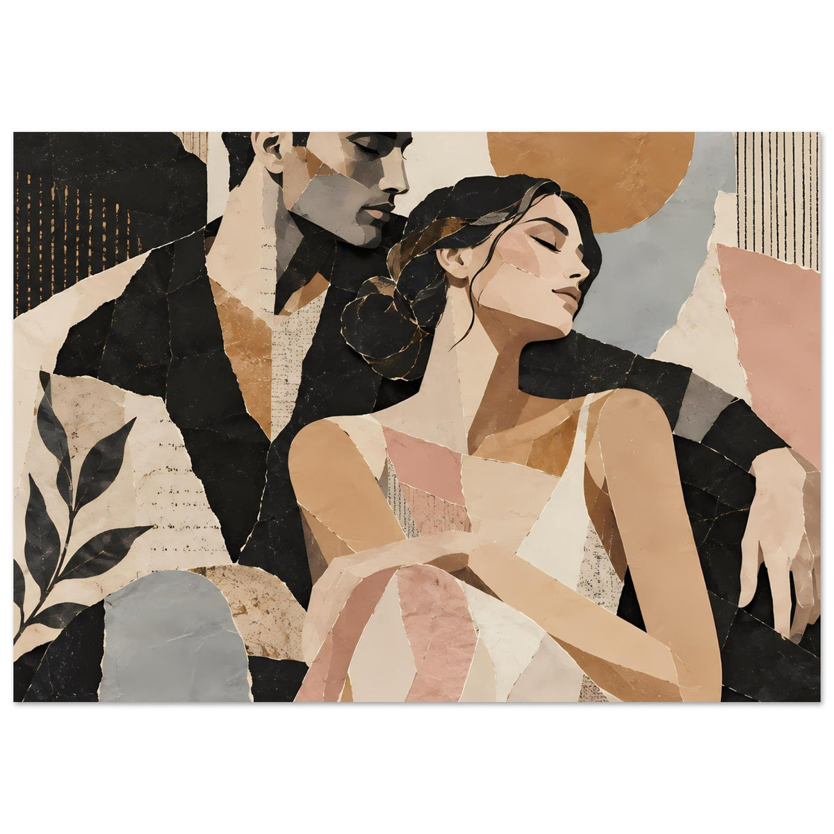 Kunstposter mit abstraktem Paar im Profil, Beige, Braun und Schwarz in Collage-Optik