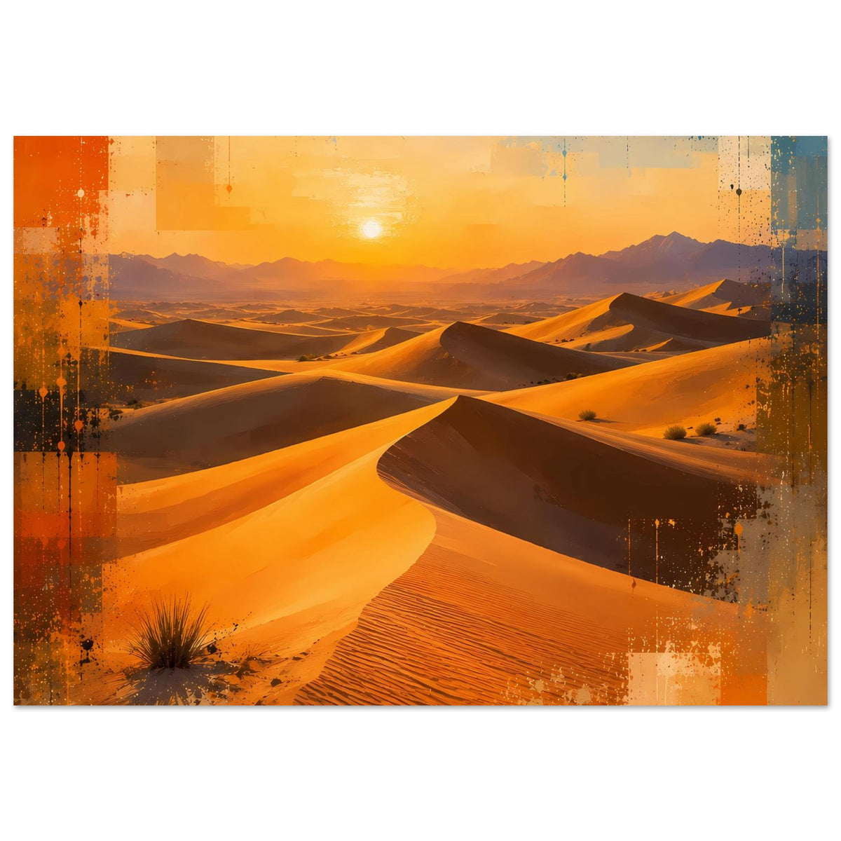 Wandposter horizontal: Wüstenlandschaft bei Sonnenuntergang, warme Erdtöne, Sanddünen und Flecken