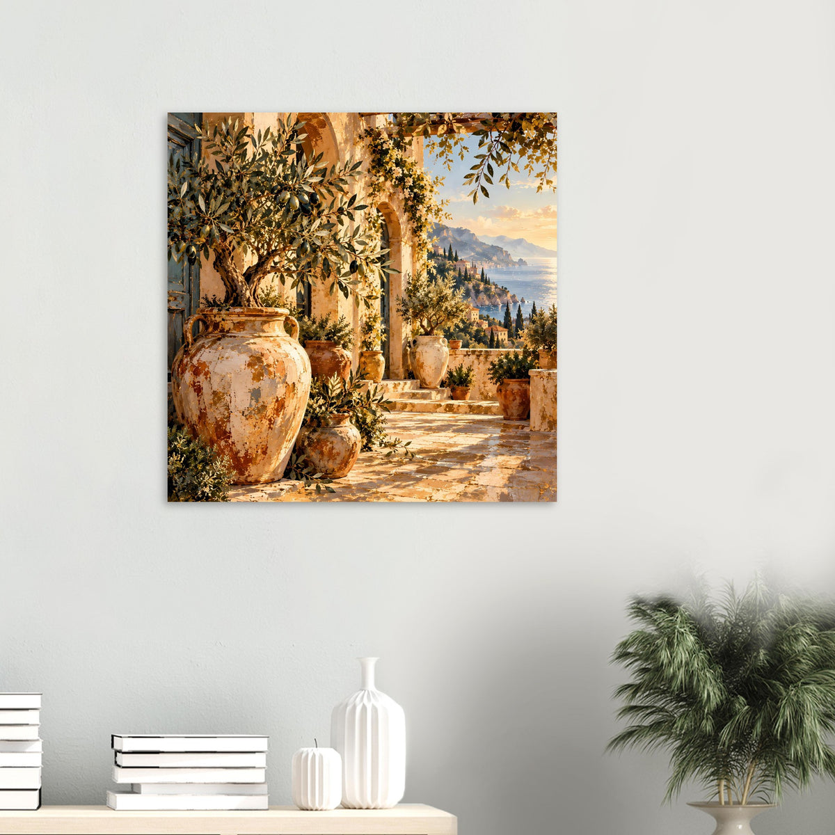 Kleines Wandposter: Terrasse mit Olivenbaum, Keramikurnen und Weitblick über die Landschaft