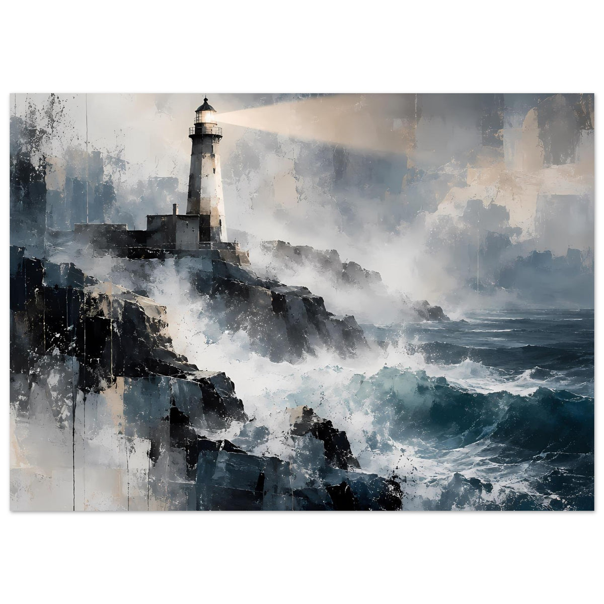 Maritimes Poster mit Leuchtturm und Küstenlinie, Nebel und Wellen in Blau