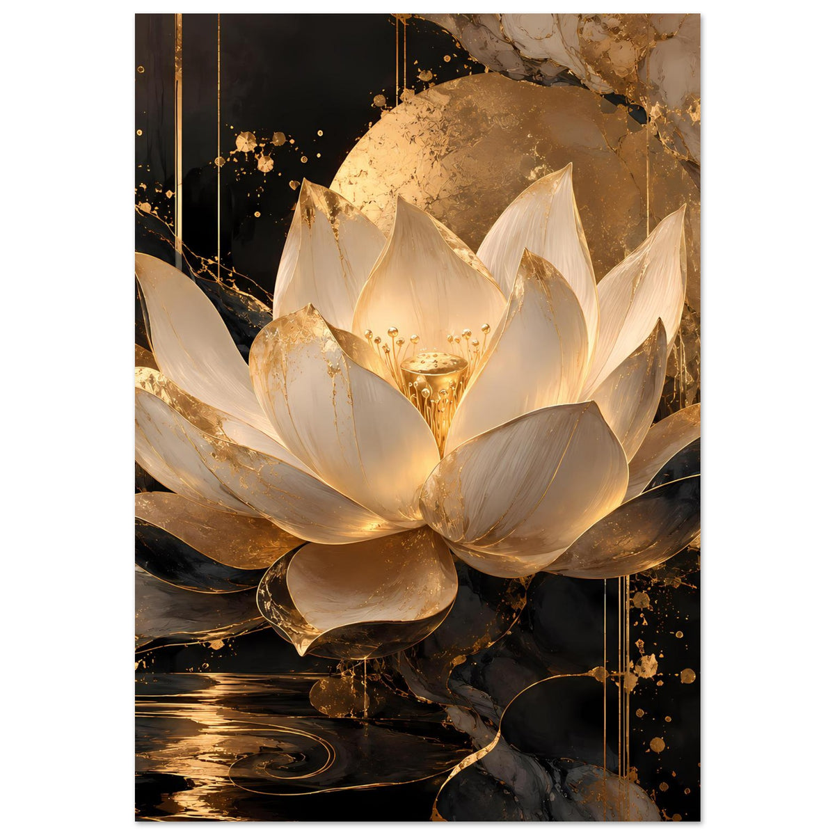 Lotusblüten-Poster mit goldenen Details und elfenbeinfarbenen Blütenblättern im Zentrum.