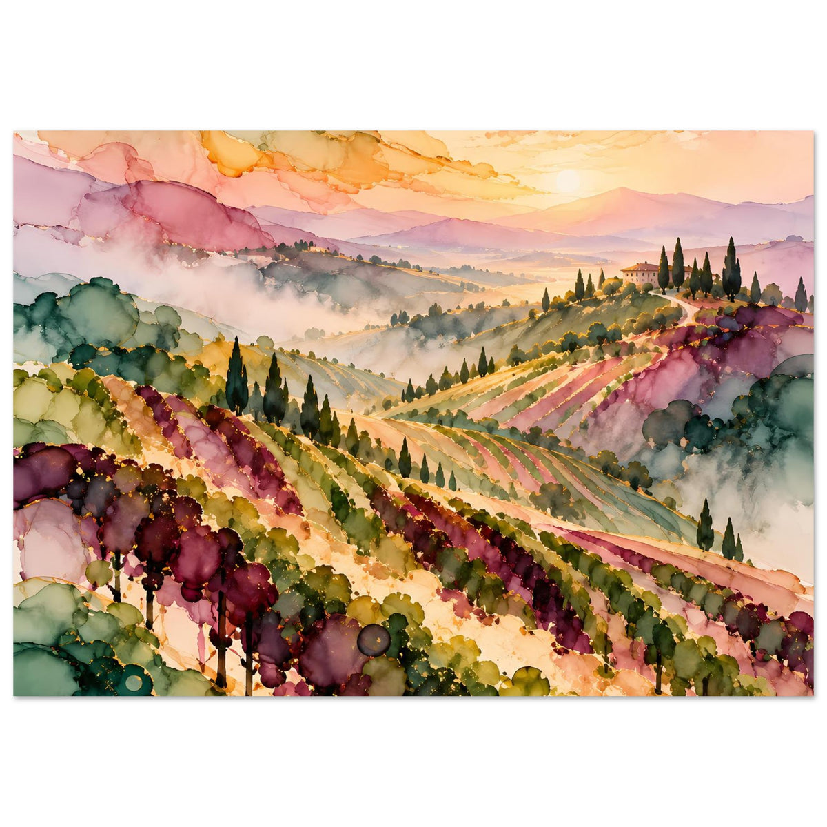 Querformatiges Landschaftsposter mit Weinbergen, Abendhimmel, Weinreihen und ruhiger Blickachse