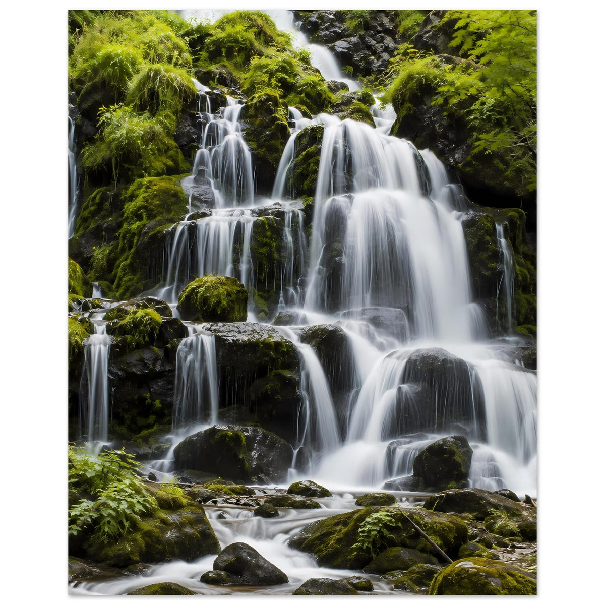 Wasserfall-Poster: mehrere Kaskaden auf moosigen Felsen im satten Grün