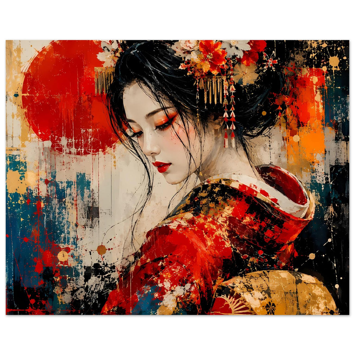 Poster im Nahausschnitt: japanische Geisha im roten Kimono mit goldfarbenen Akzenten