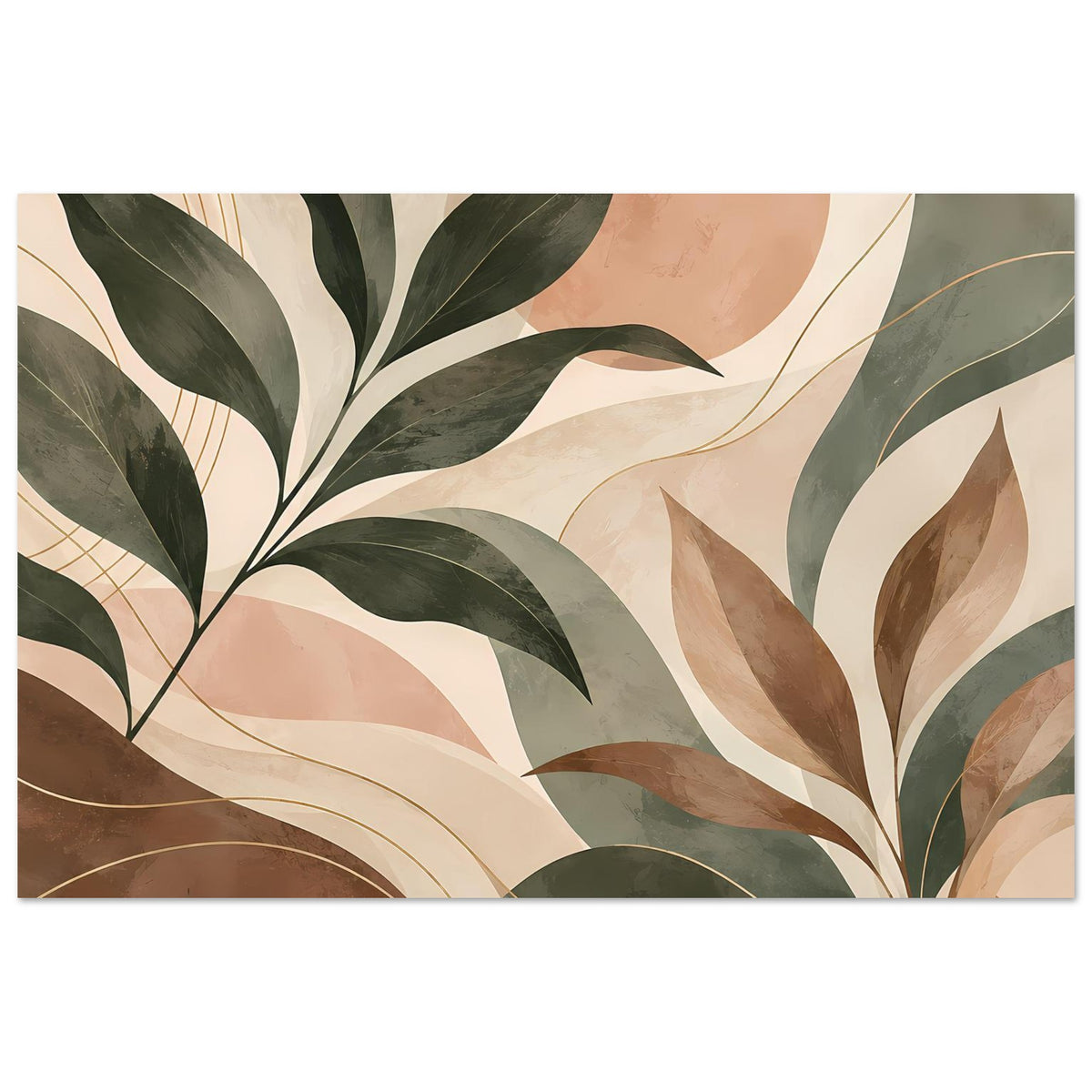 Kunstposter mit Blatt- und Kreisformen in sanften Erdtönen, Grün, Beige und Terrakotta