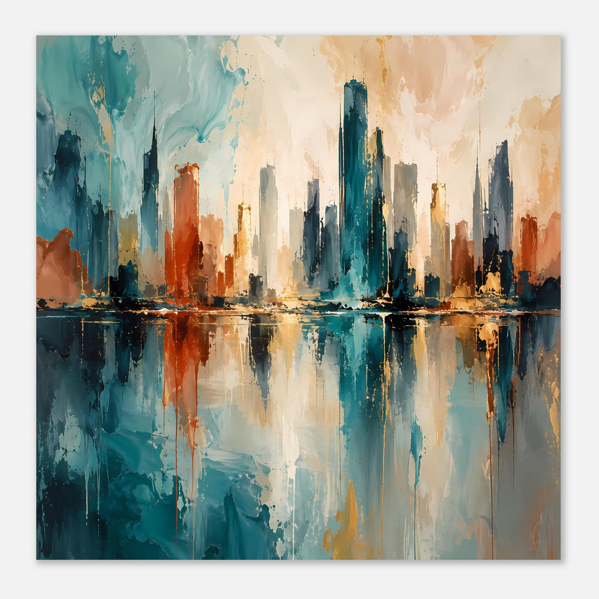 Abstraktes Skyline-Poster mit reflektierender Uferlinie, Blau, Gold und Rost im Rahmen