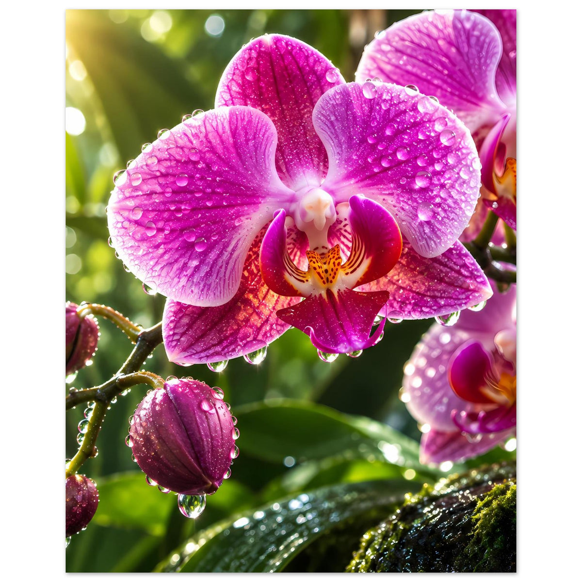 Blumenposter im Hochformat mit pinken Orchideenblüten und glitzernden Wassertropfen
