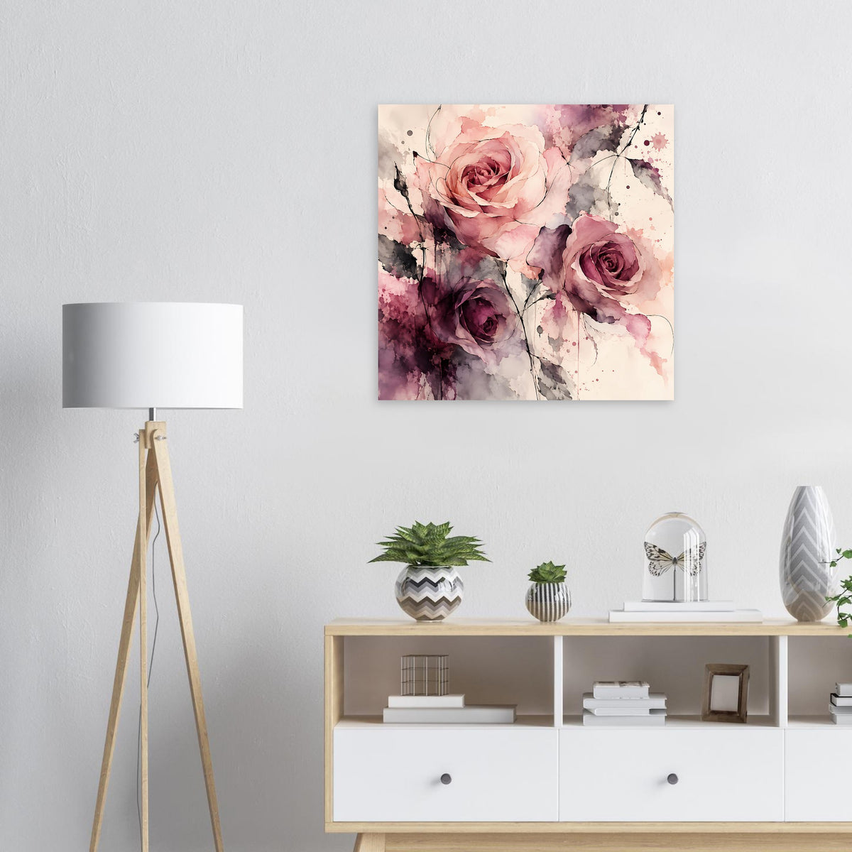 Wasserfarben-Poster mit rosa Rosen und lila Blüten, florales Aquarellmotiv