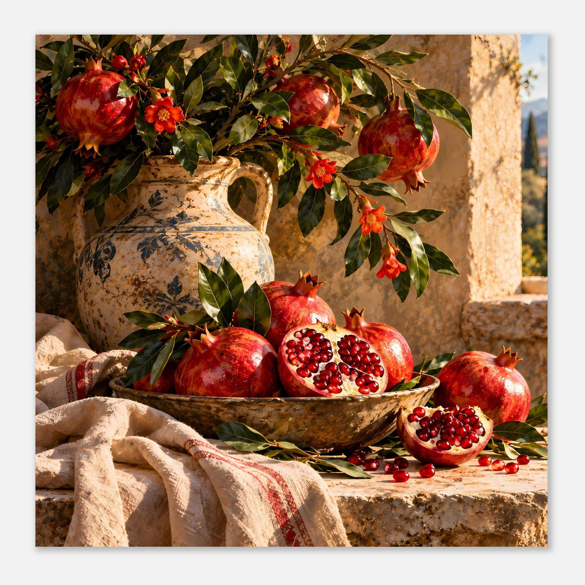 Poster mit Granatäpfeln, Keramikkanne und Schale; rote Blüten und grüne Blätter im Bild.