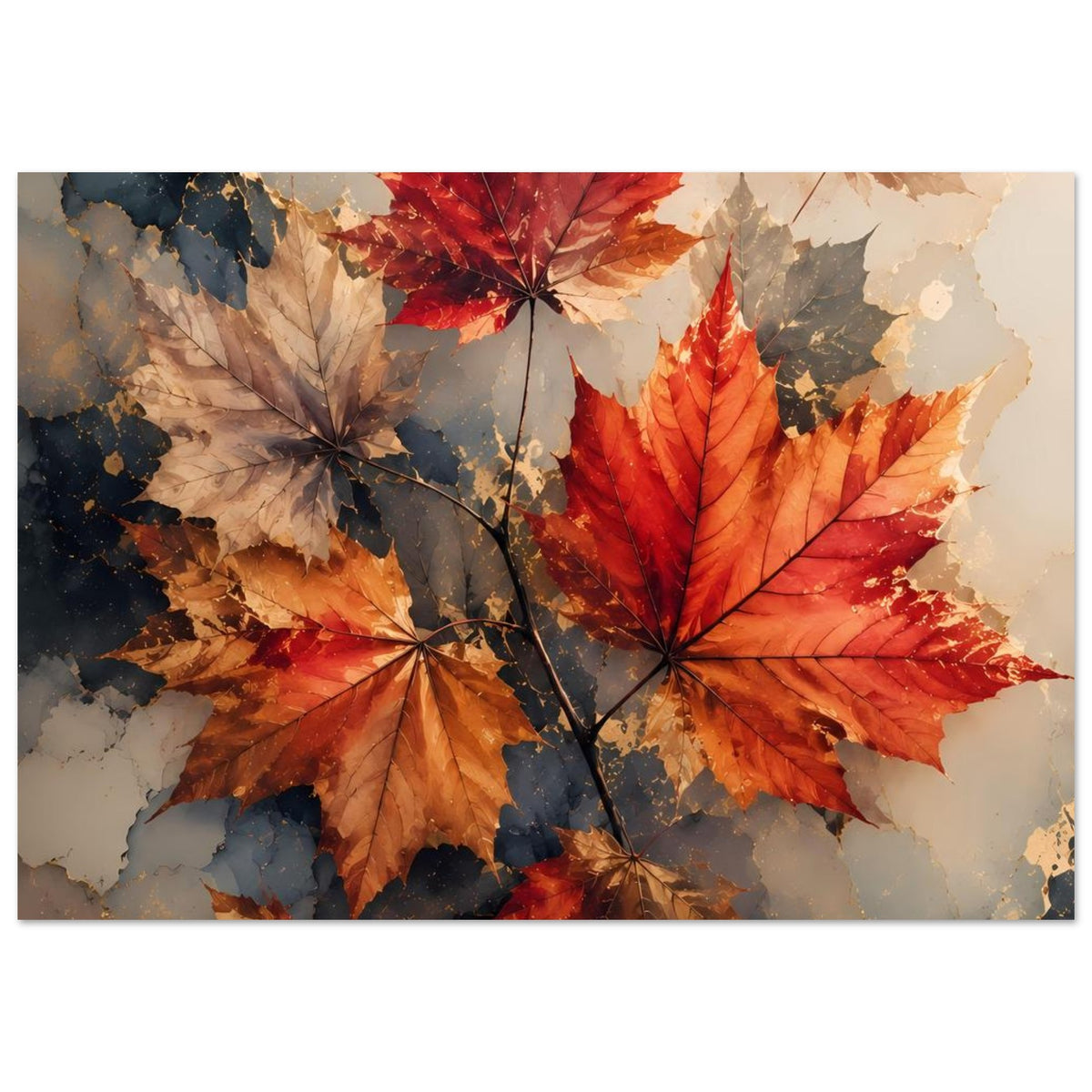 Herbstposter mit roten Ahornblättern, beige-braune Blätter und dunklen Farbtupfern