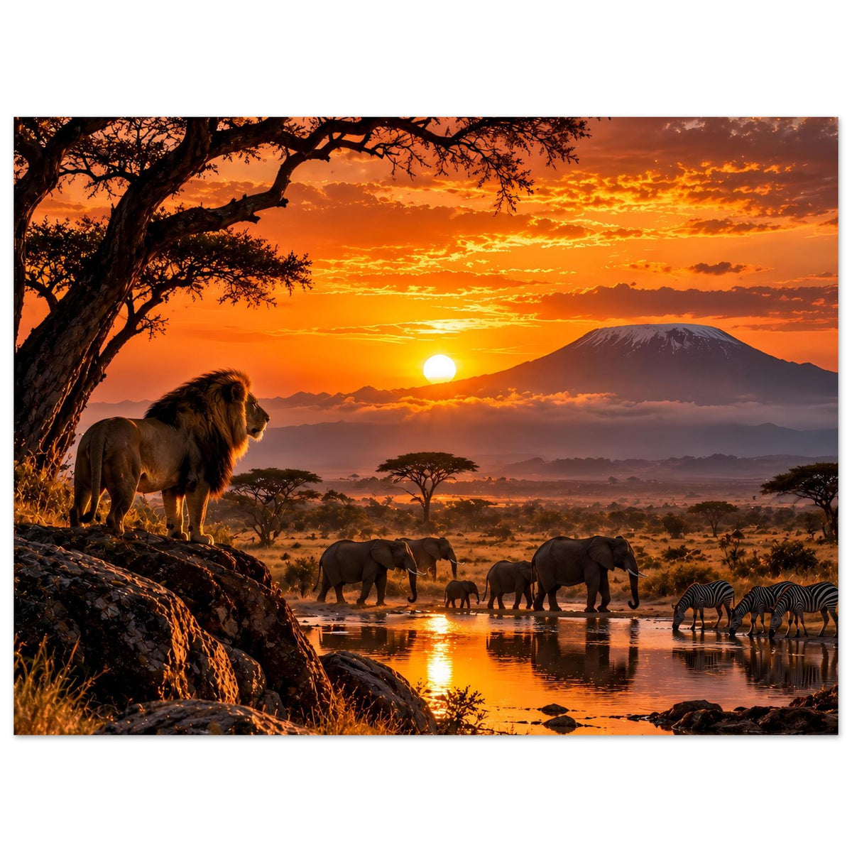 Horizontales Safari-Sonnenuntergangs-Poster: Löwe links, Elefanten am Wasser, Zebras rechts