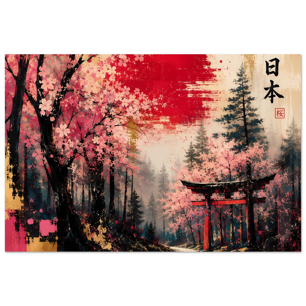 Poster mit Kirschblütenbaum und Torii, roter Halbmond über dunklem Tannenwald