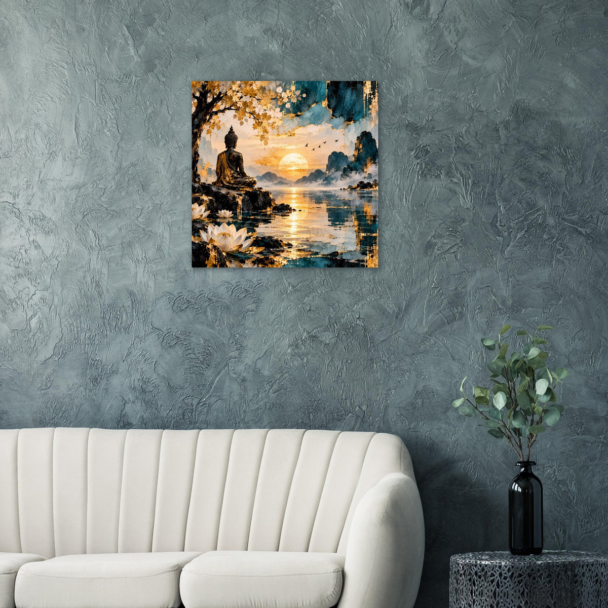 Poster mit sitzendem Buddha auf Felsen am Wasser, Sonnenuntergang mit Gold- und Blauschimmer.