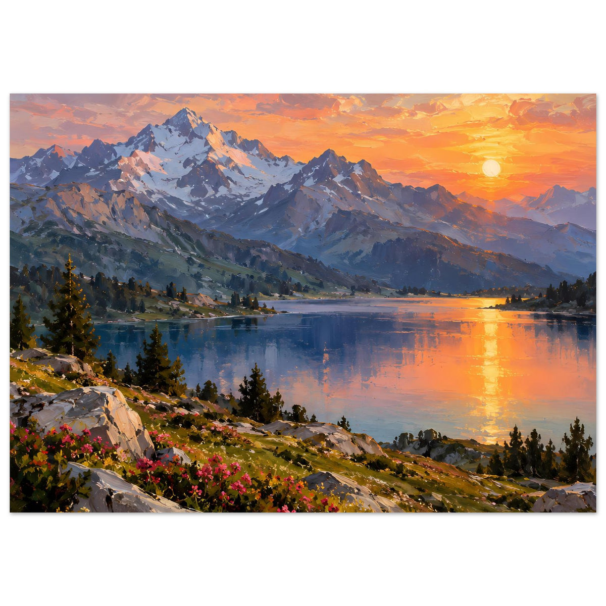 Wandposter mit Bergsee bei Sonnenuntergang, horizontales Motiv mit bunten Blumen am Ufer.