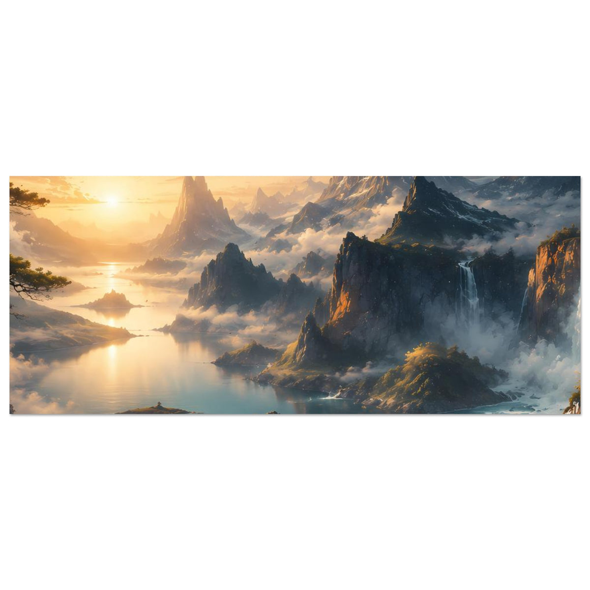 Querformat-Poster mit Fluss, Felseninsel und Wasserfall am Rand, warmes Sonnenlicht