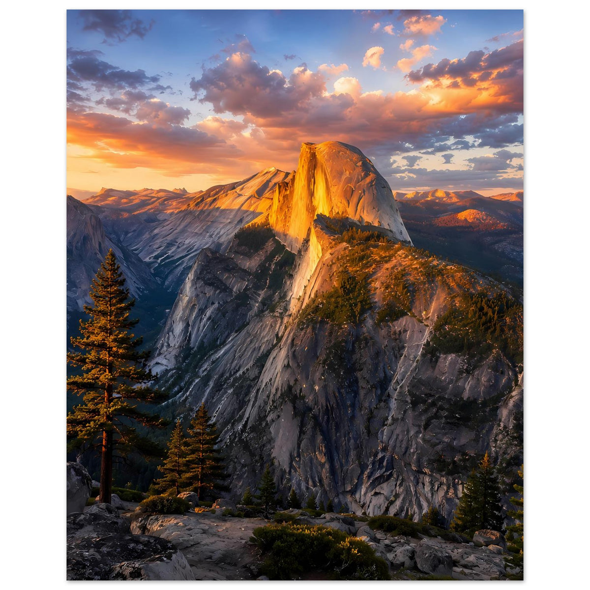 Wandposter im Hochformat: Felsiger Berg mit leuchtendem Lichtstrahl und Nadelbäumen