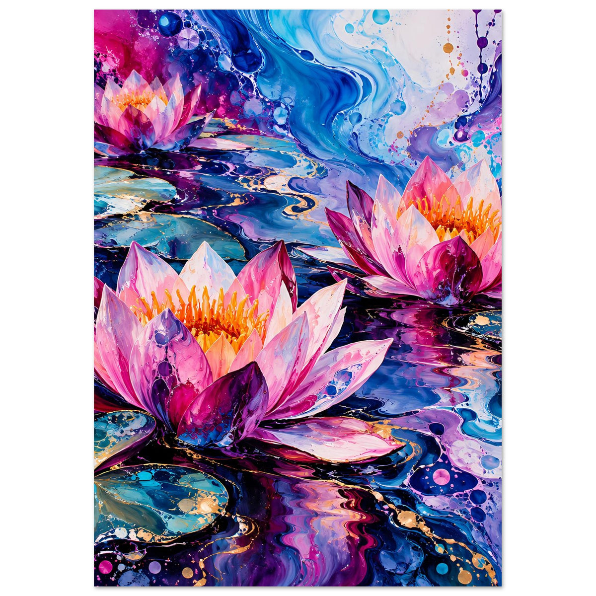 Abstraktes Seerosen-Blumenposter (hochkant): rosa Seerosen über blau-violetten Farbwellen