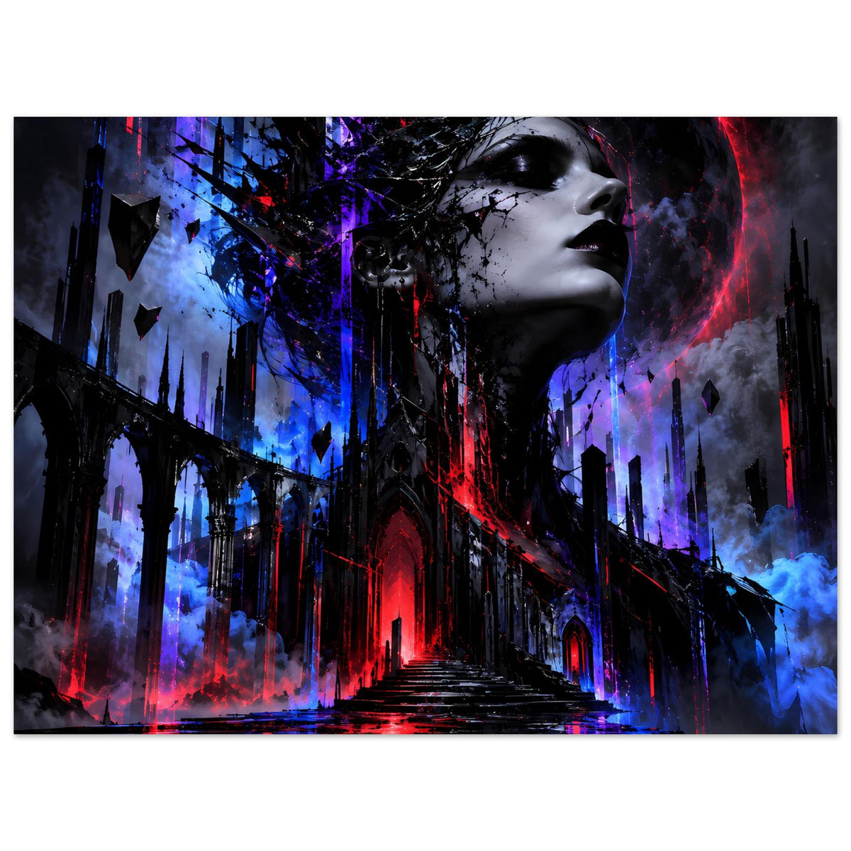 Gothic-Fantasy-Poster mit Frauenkopf im Profil und leuchtenden roten, blauen Akzenten in Trümmern